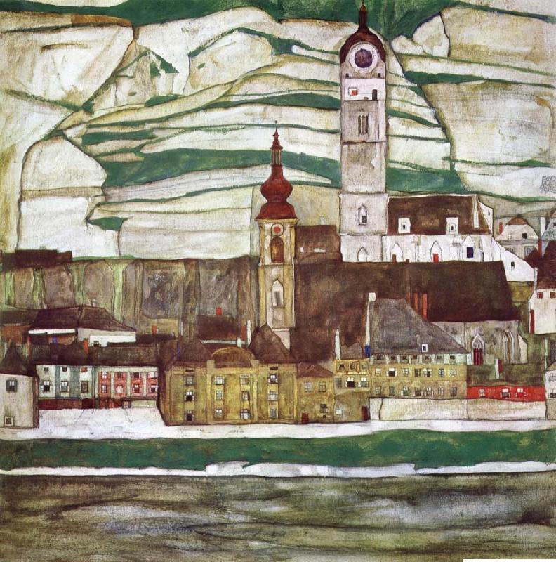 Egon Schiele Stein on the Danube with Terraced Vineyards